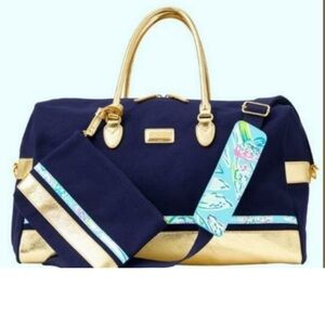 EUC Lilly Pulitzer Navy Blue Gold Weekender Duffle Bag Suitcase detachable Pouch